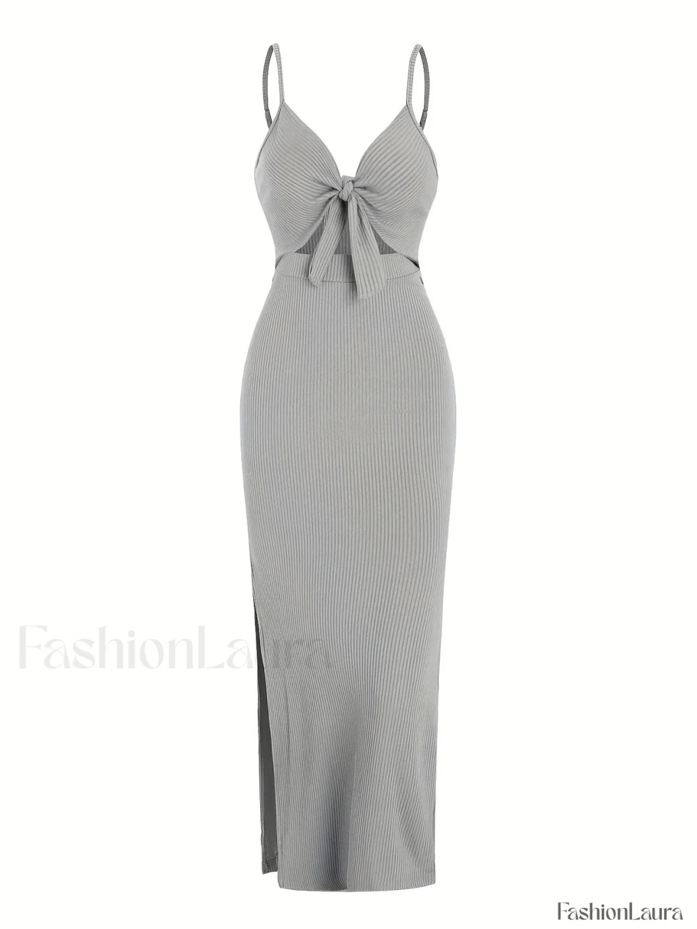 Lace Up Bow V Neck Midi Dress GRAY / S