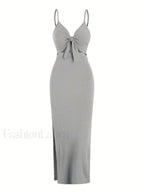 Lace Up Bow V Neck Midi Dress GRAY / S