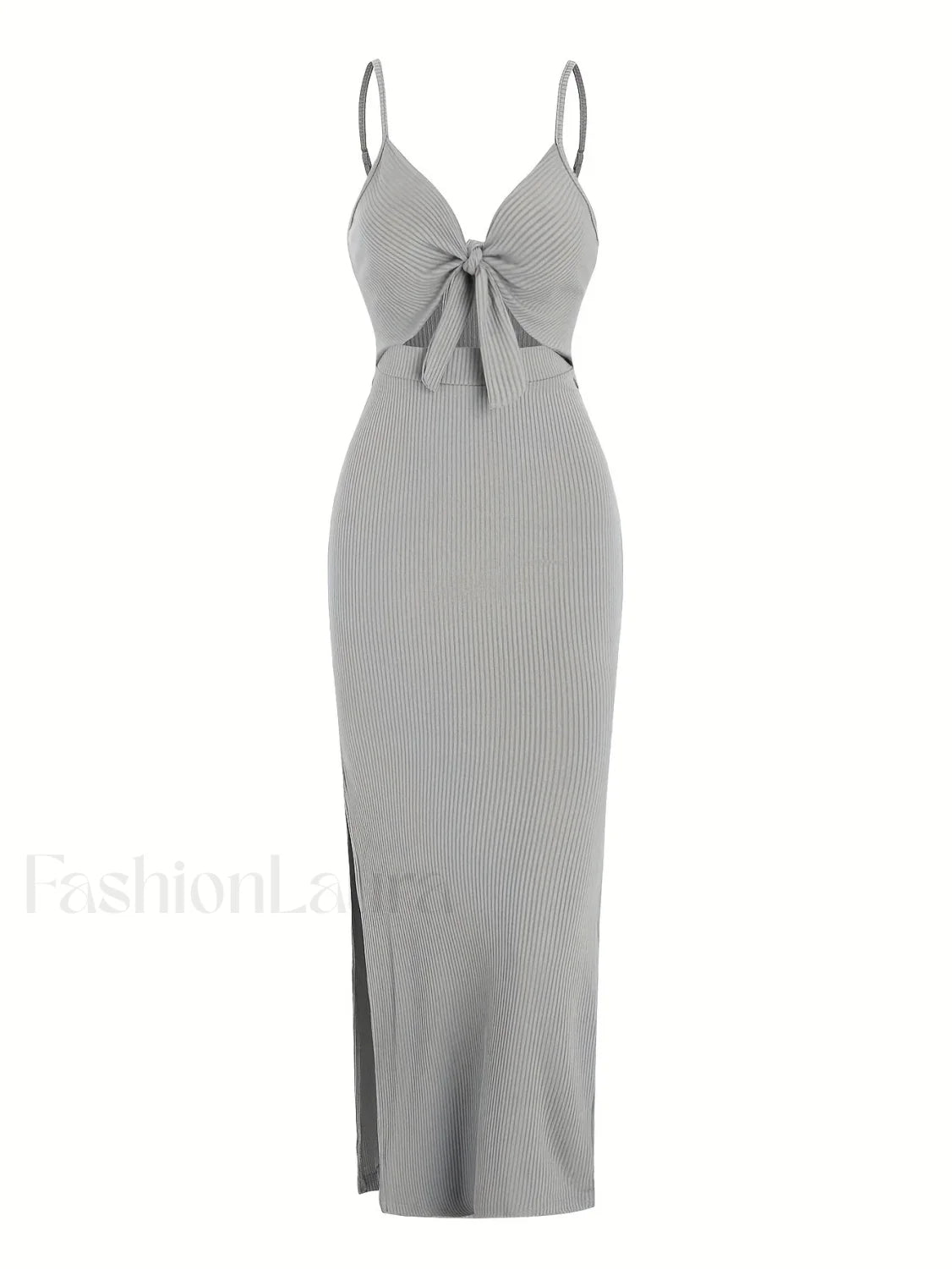 Lace Up Bow V Neck Midi Dress GRAY / S