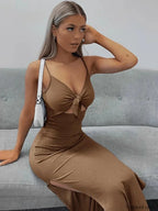 Lace Up Bow V Neck Midi Dress Khaki / S