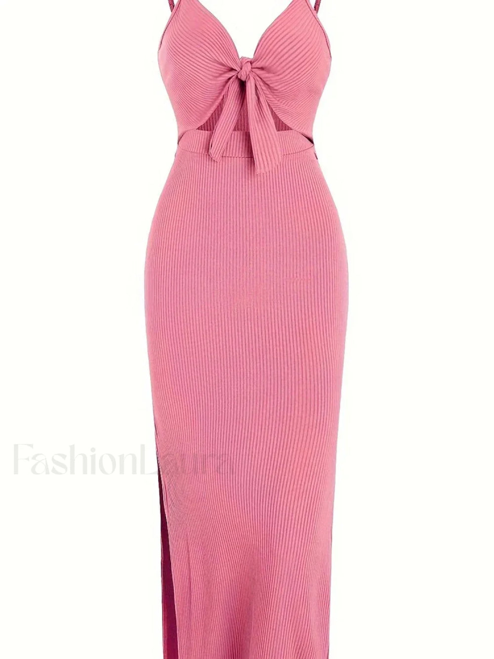 Lace Up Bow V Neck Midi Dress Pink / S