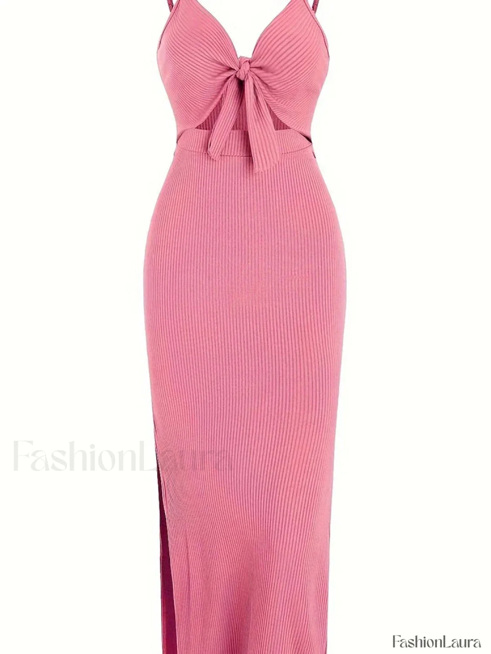 Lace Up Bow V Neck Midi Dress Pink / S