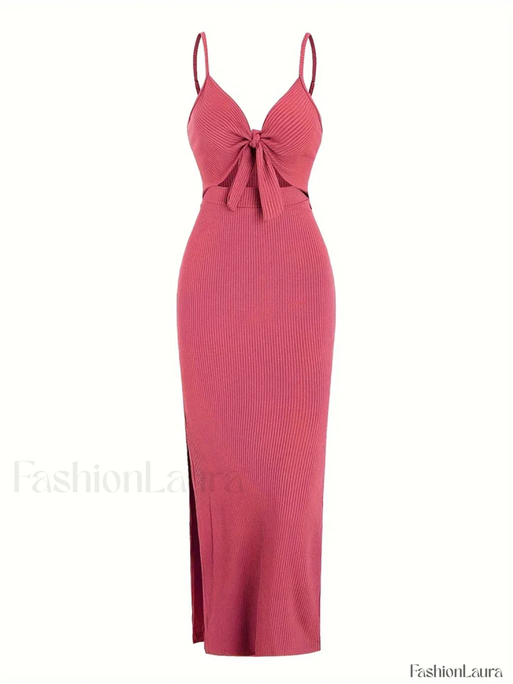Lace Up Bow V Neck Midi Dress Rose Red / S