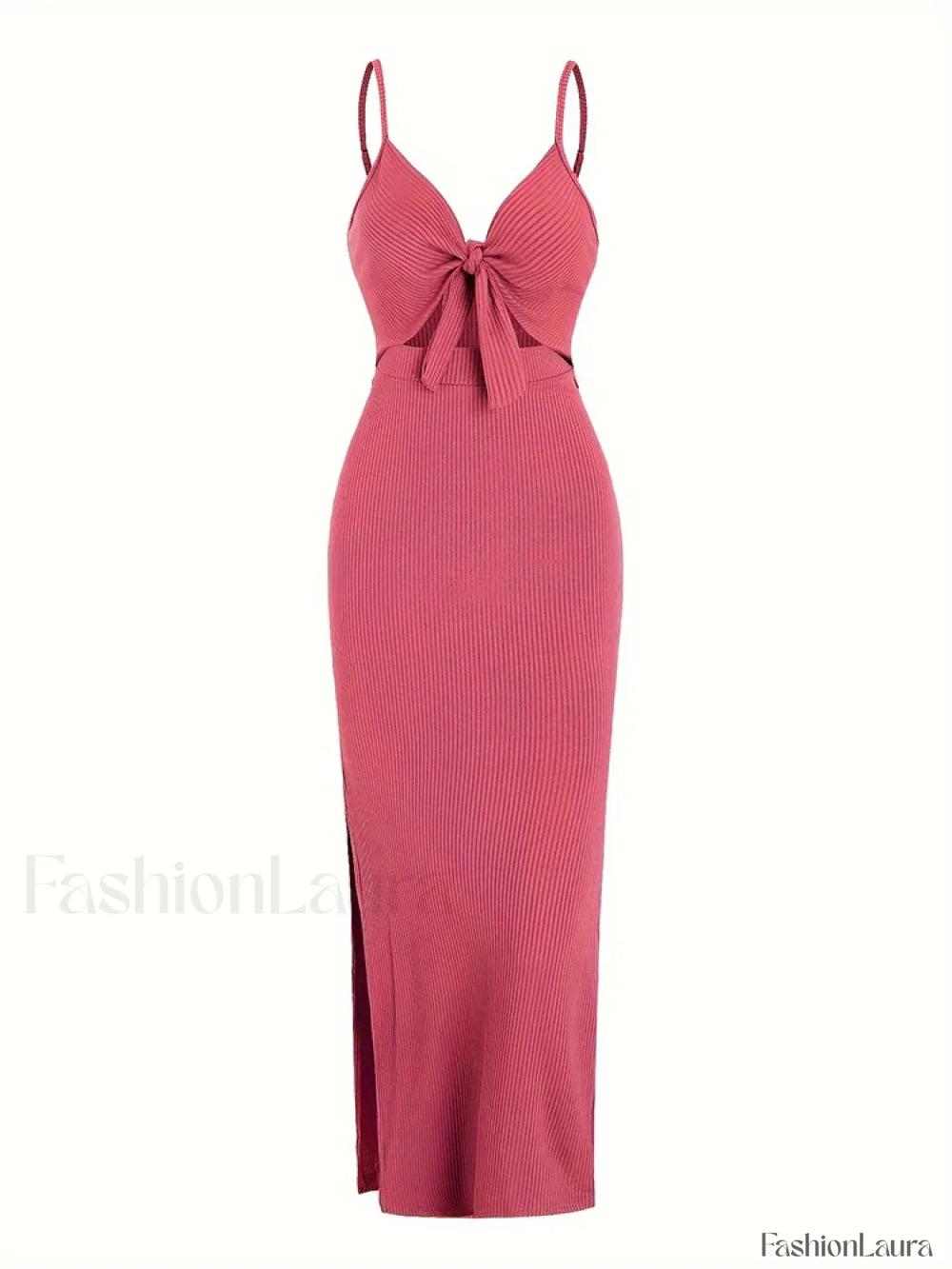 Lace Up Bow V Neck Midi Dress Rose Red / S