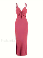 Lace Up Bow V Neck Midi Dress Rose Red / S