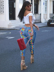 Lace Up Cutout Skinny Jeans Blue / M Jeans