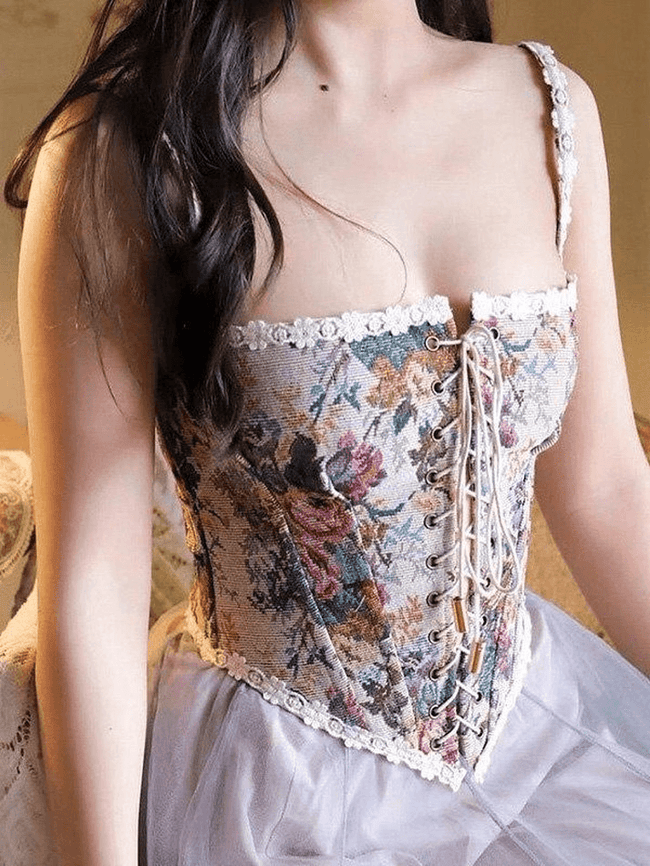 Lace Up Floral Vintage Corset Top Brown / S Tops&Tees Main image