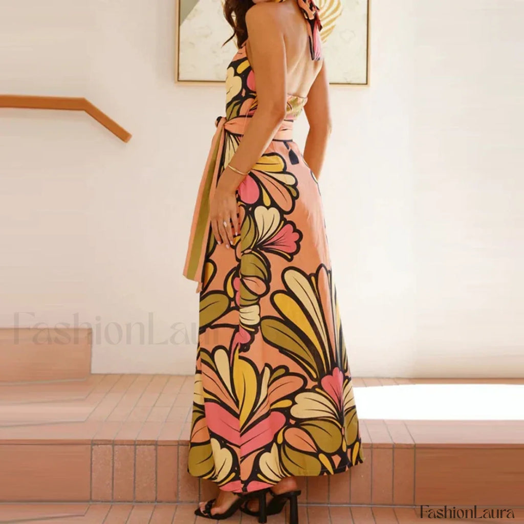 Lace Up Halter Floral Dress