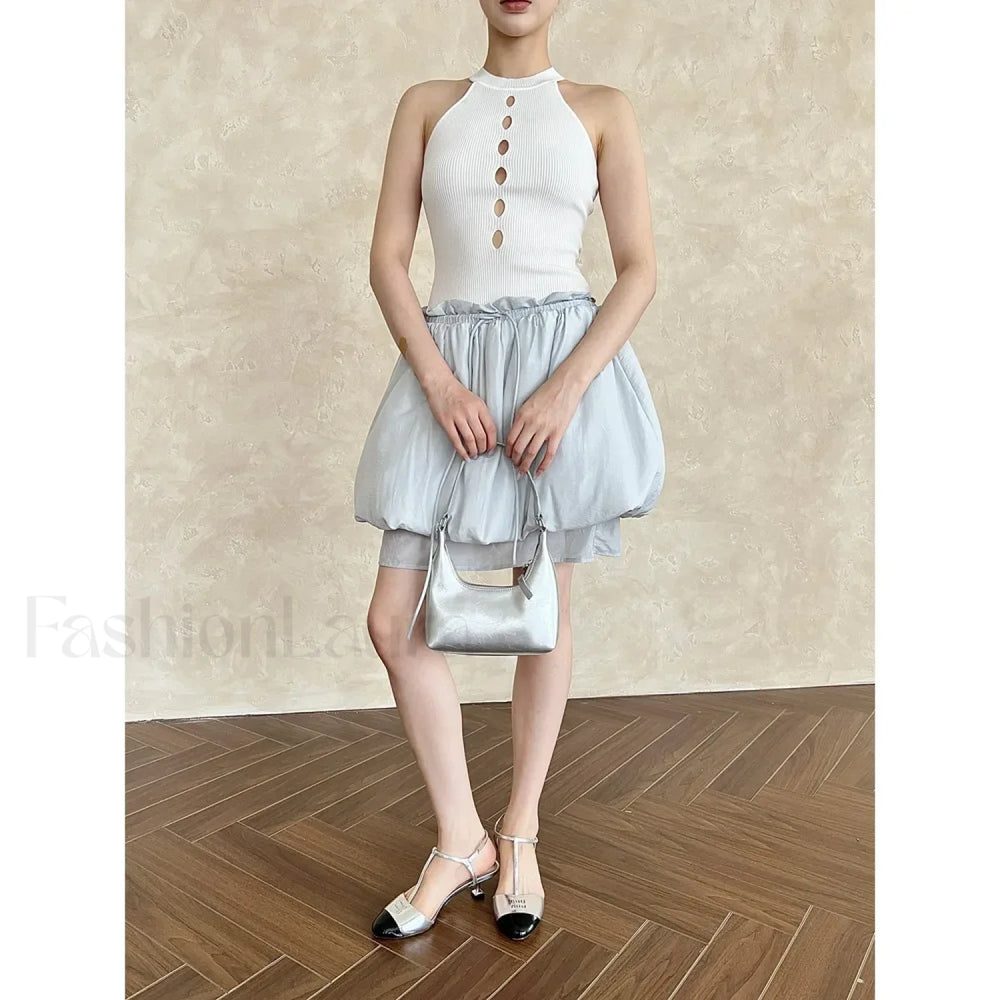 Lace Up Minimalist Casual Skirt BLUE / S