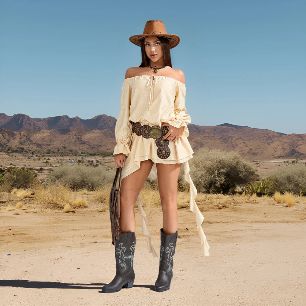 Lace Up Off Shoulder Boho Dress Apricot / S