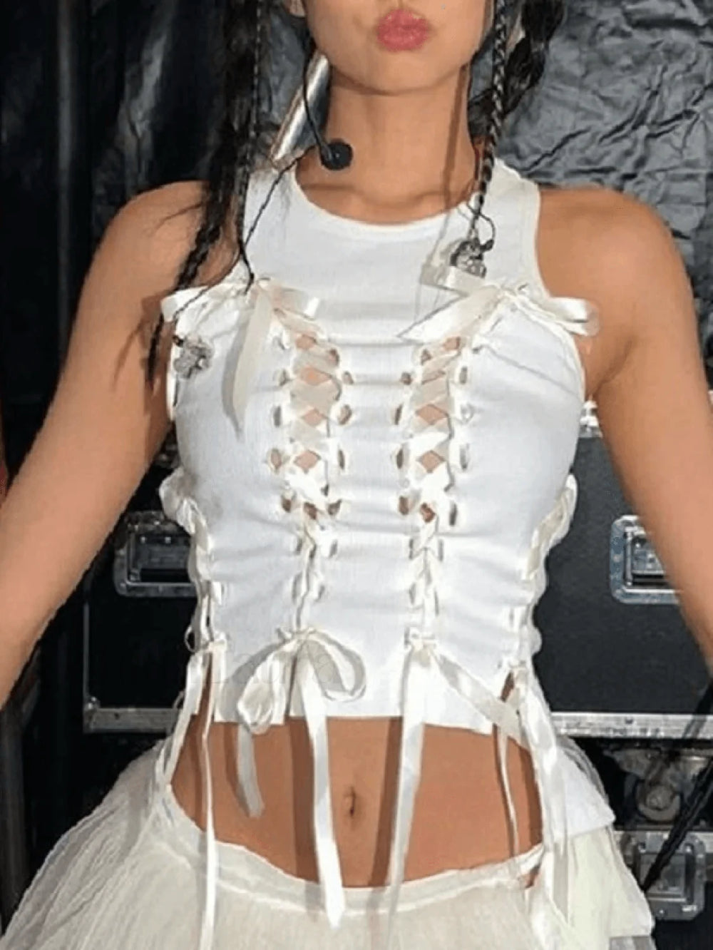 Lace Up Ribbed Cropped Tank Top Tops&Tees