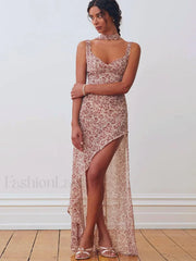 Lace Up Side Slit Floral Dress