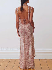 Lace Up Side Slit Floral Dress