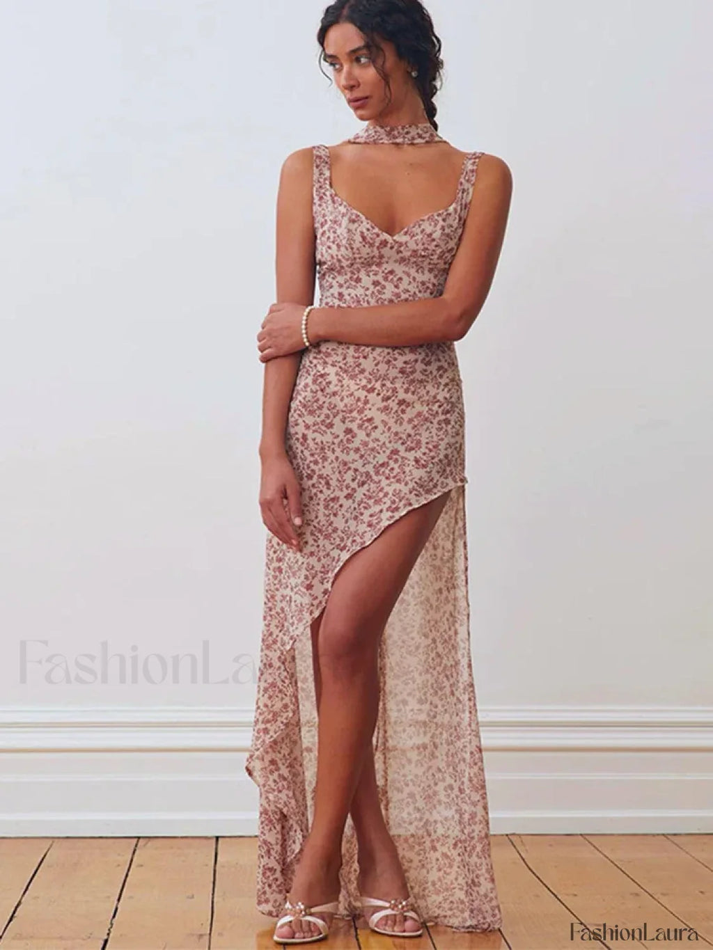 Lace Up Side Slit Floral Dress