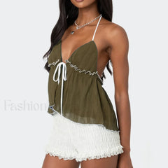 Lace Up Split Front Crop Top army green / S