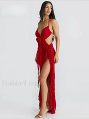 Lace Up Split Ruffled Floral Dress