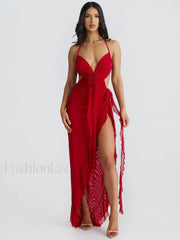 Lace Up Split Ruffled Floral Dress Red / S