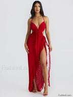 Lace Up Split Ruffled Floral Dress Red / S