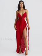 Lace Up Split Ruffled Floral Dress Red / S