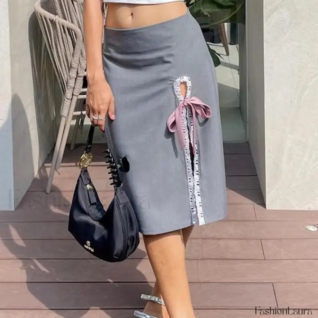 Lace Up Split Vintage Skirt GREY / S