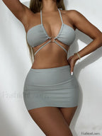 Lace Up Stripe Bikini Set