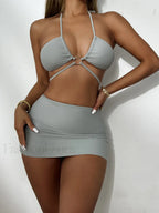 Lace Up Stripe Bikini Set GREY / S