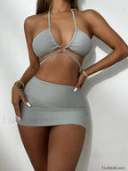 Lace Up Stripe Bikini Set GREY / S