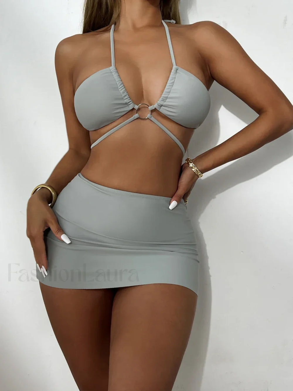 Lace Up Stripe Bikini Set GREY / S