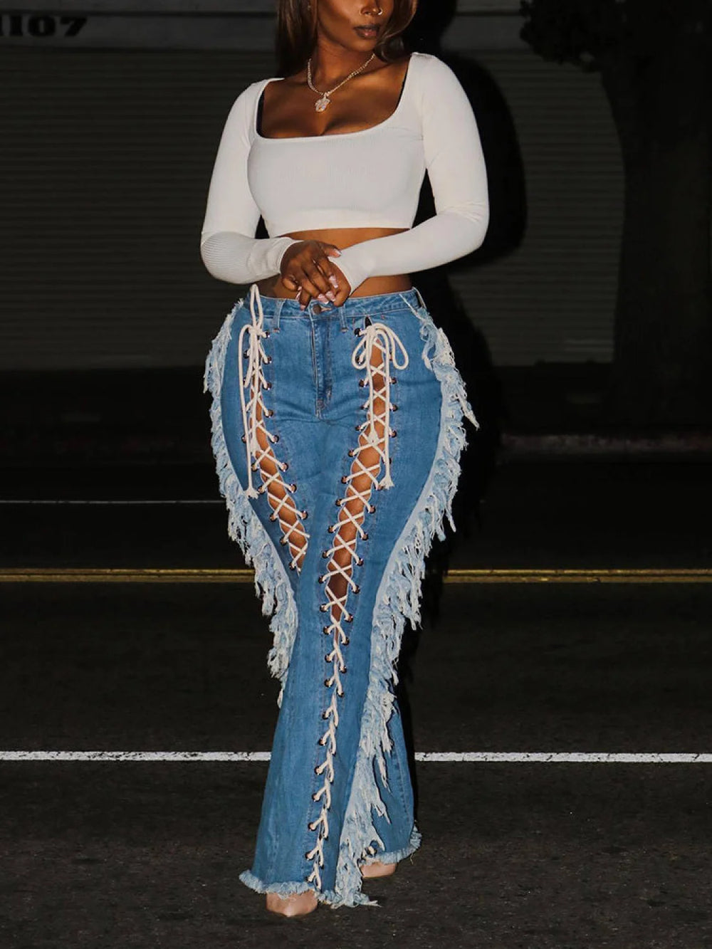 Lace Up Tassel Jeans Jeans