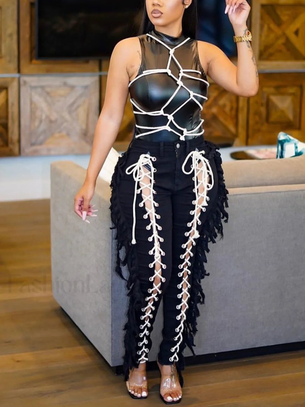 Lace Up Tassel Jeans Black / S Jeans