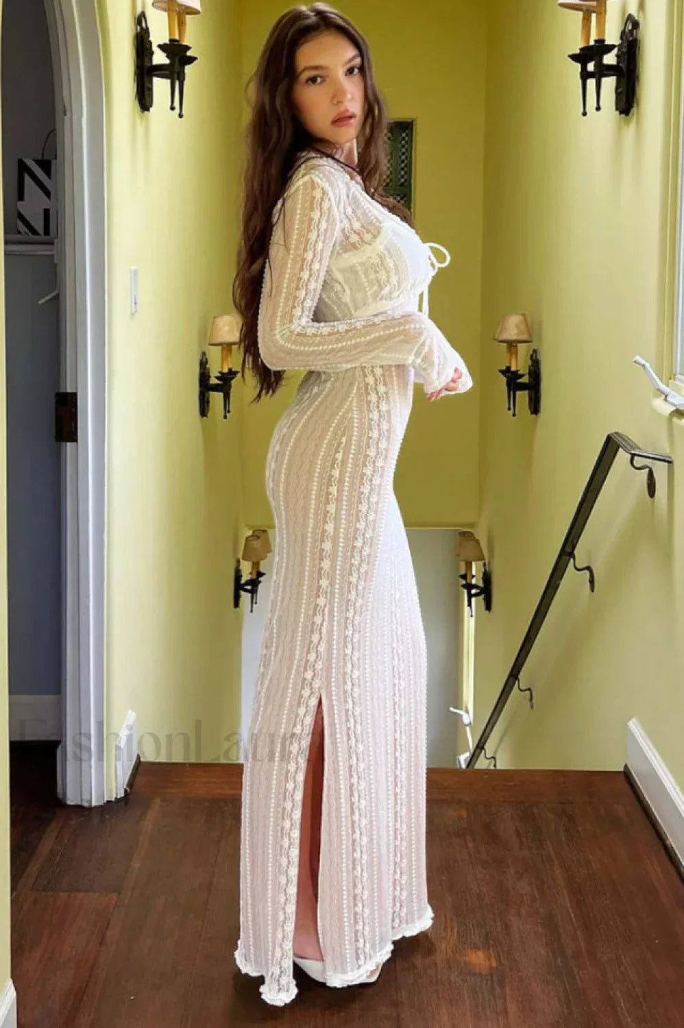 Lace V Neck Charming Slit Two Piece Dress
