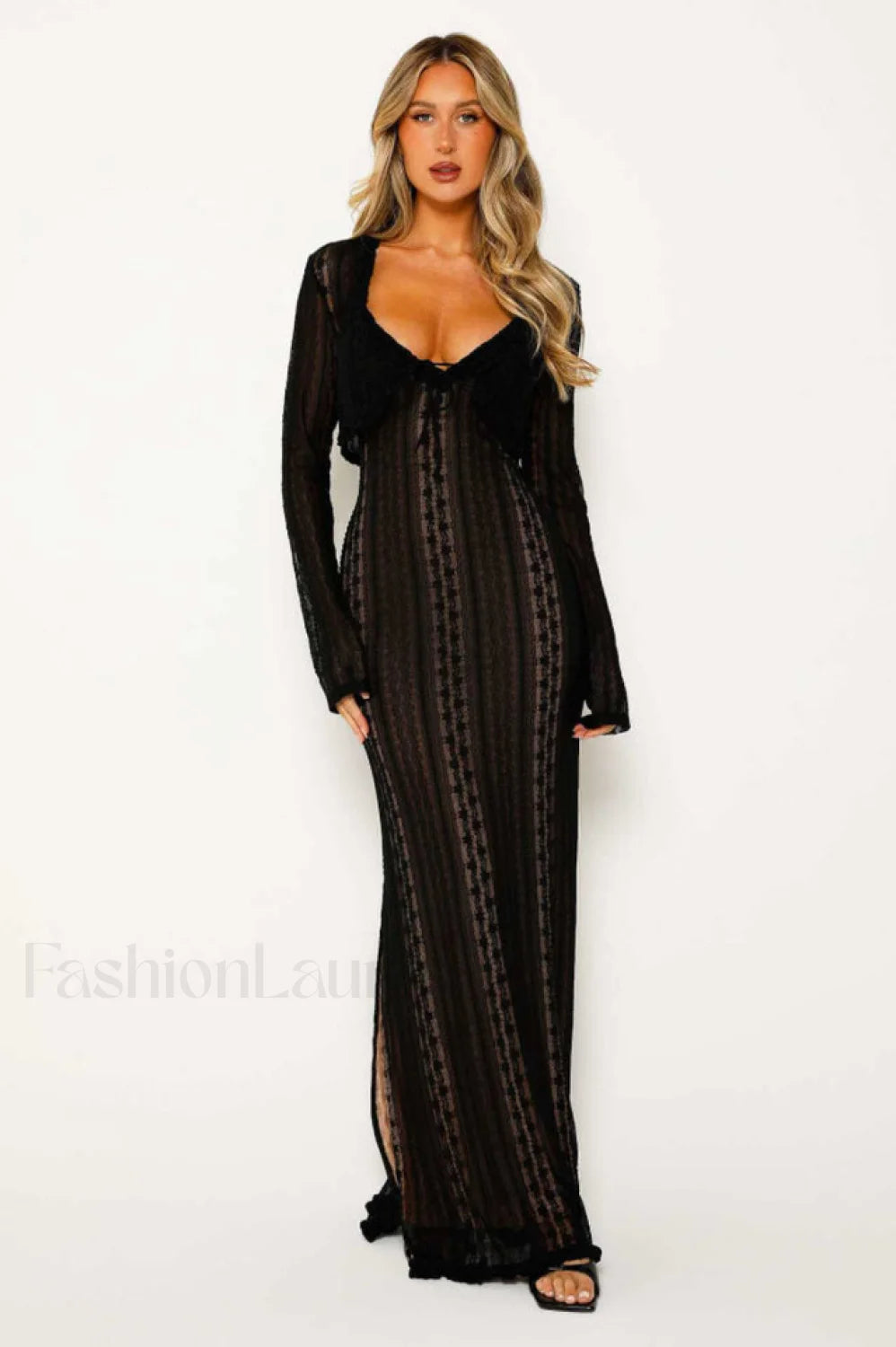 Lace V Neck Charming Slit Two Piece Dress S / Black