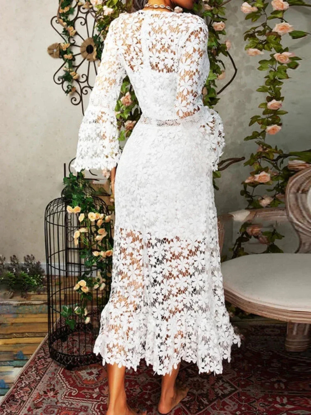 Lace V neck Transparent Frock Women Flare Sleeve Hollow Out Sexy Lady Streetwear Party Elegant Lace Dress