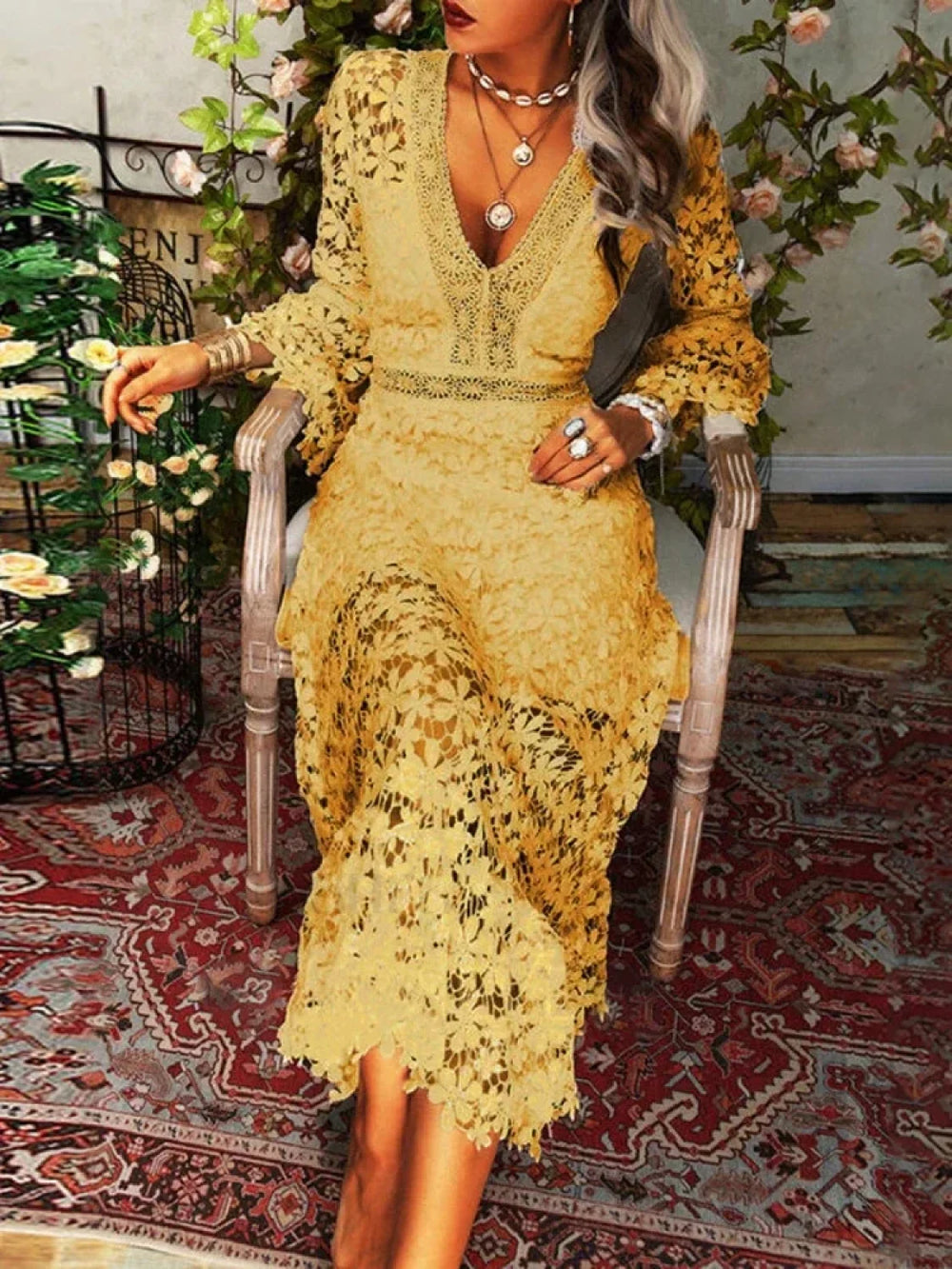 Lace V neck Transparent Frock Women Flare Sleeve Hollow Out Sexy Lady Streetwear Party Elegant Lace Dress