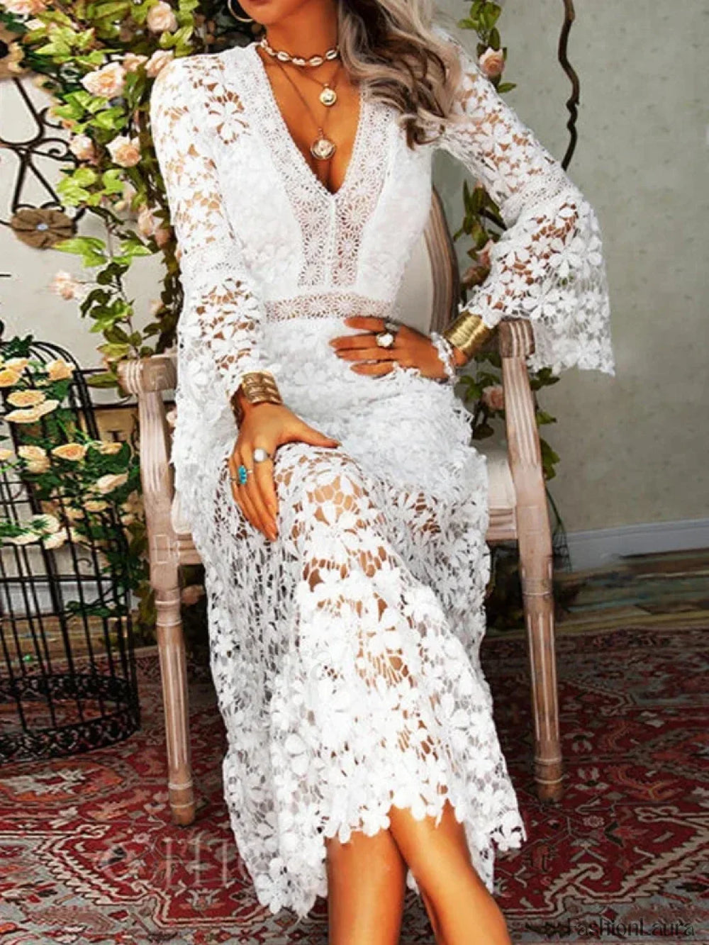 Lace V neck Transparent Frock Women Flare Sleeve Hollow Out Sexy Lady Streetwear Party Elegant Lace Dress