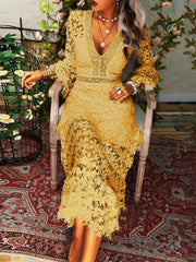 Lace V neck Transparent Frock Women Flare Sleeve Hollow Out Sexy Lady Streetwear Party Elegant Lace Dress