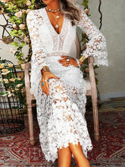 Lace V neck Transparent Frock Women Flare Sleeve Hollow Out Sexy Lady Streetwear Party Elegant Lace Dress