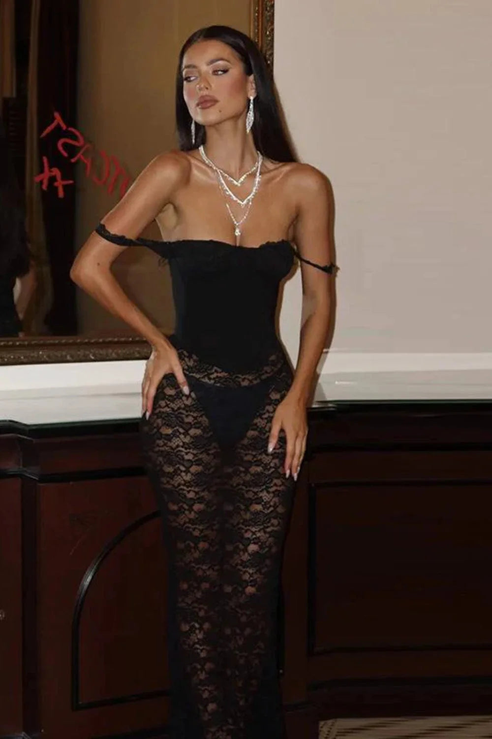 Lace Waist Embossed Slim Fit Vest Maxi Dress Black / S Main image