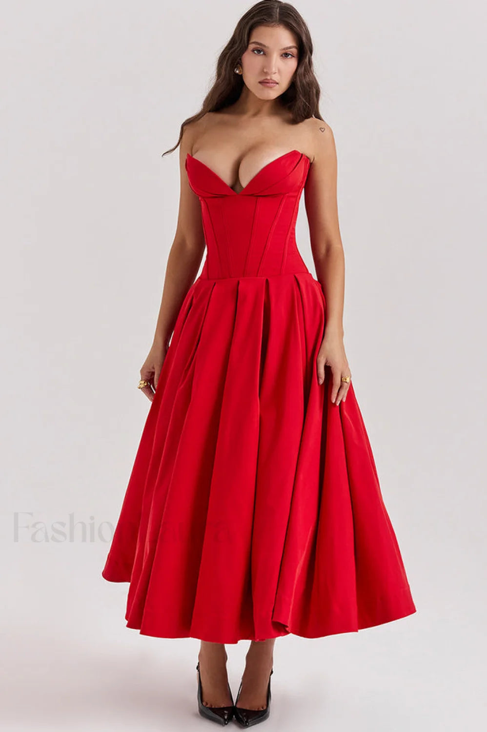 Lady Black Stylish Strapless Midi Dress S / Red