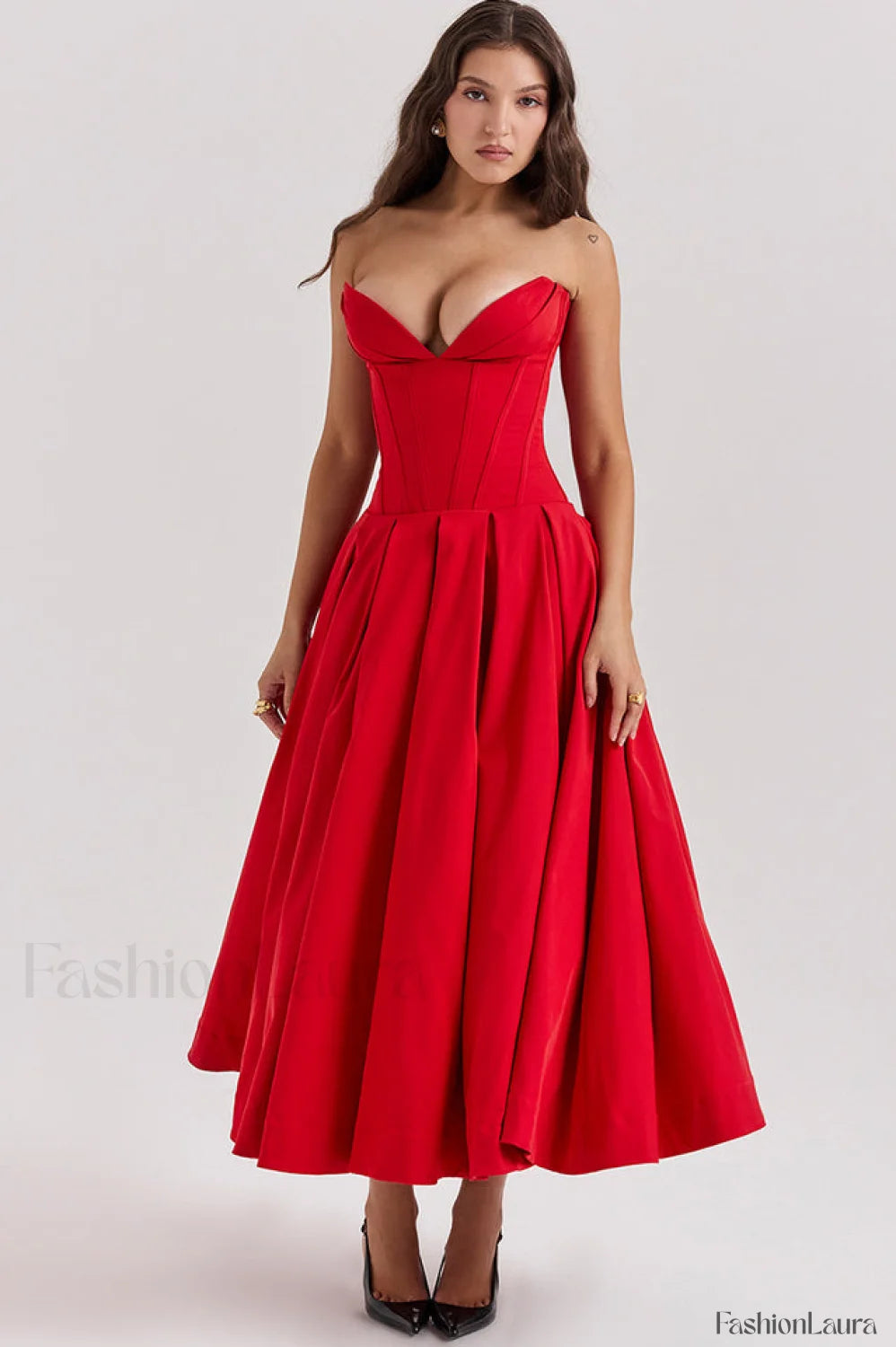 Lady Black Stylish Strapless Midi Dress S / Red
