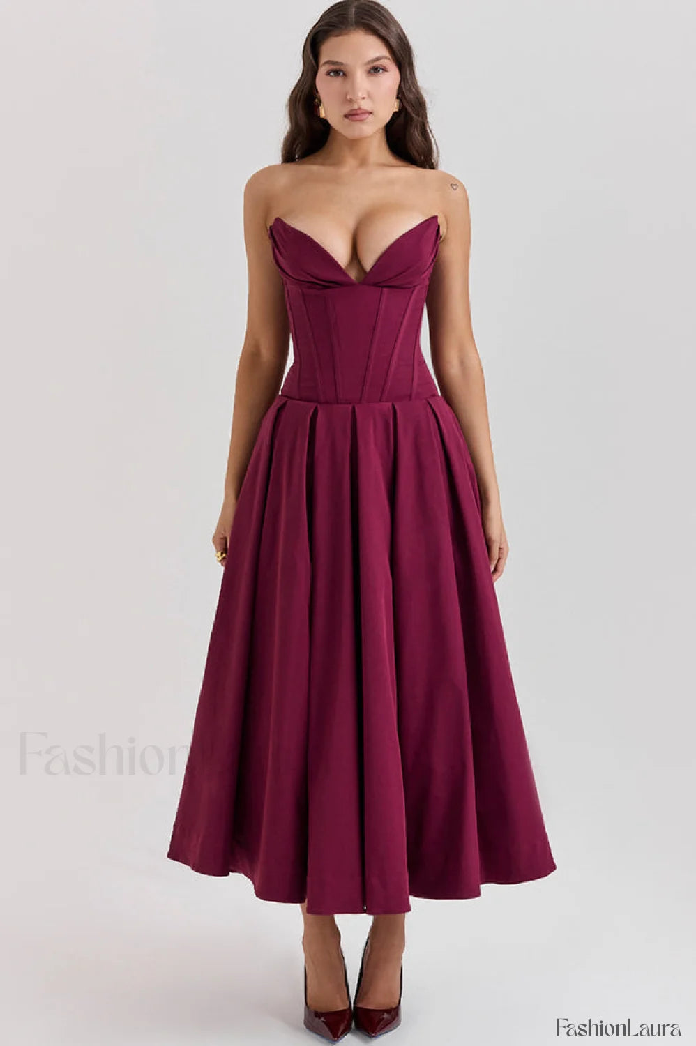 Lady Black Stylish Strapless Midi Dress S / Wine