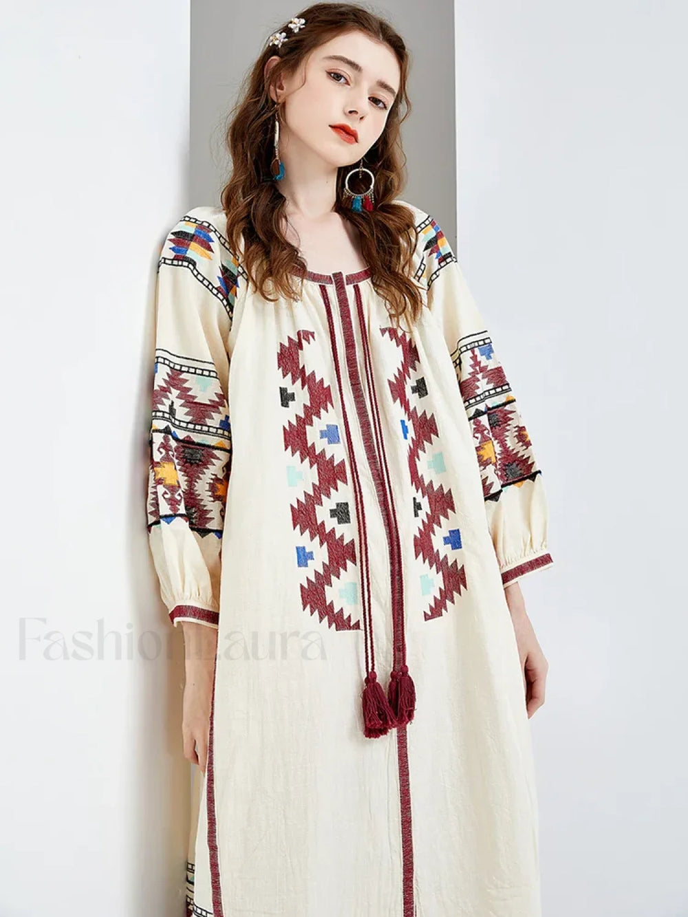 Lantern Sleeve Floral Boho Dress white / One Size