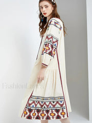 Lantern Sleeve Floral Boho Dress white / One Size