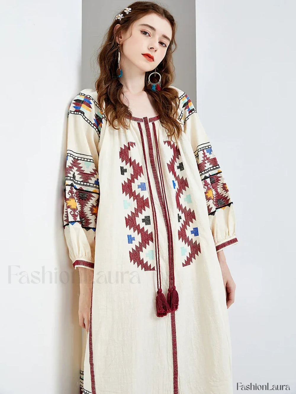 Lantern Sleeve Floral Boho Dress white / One Size