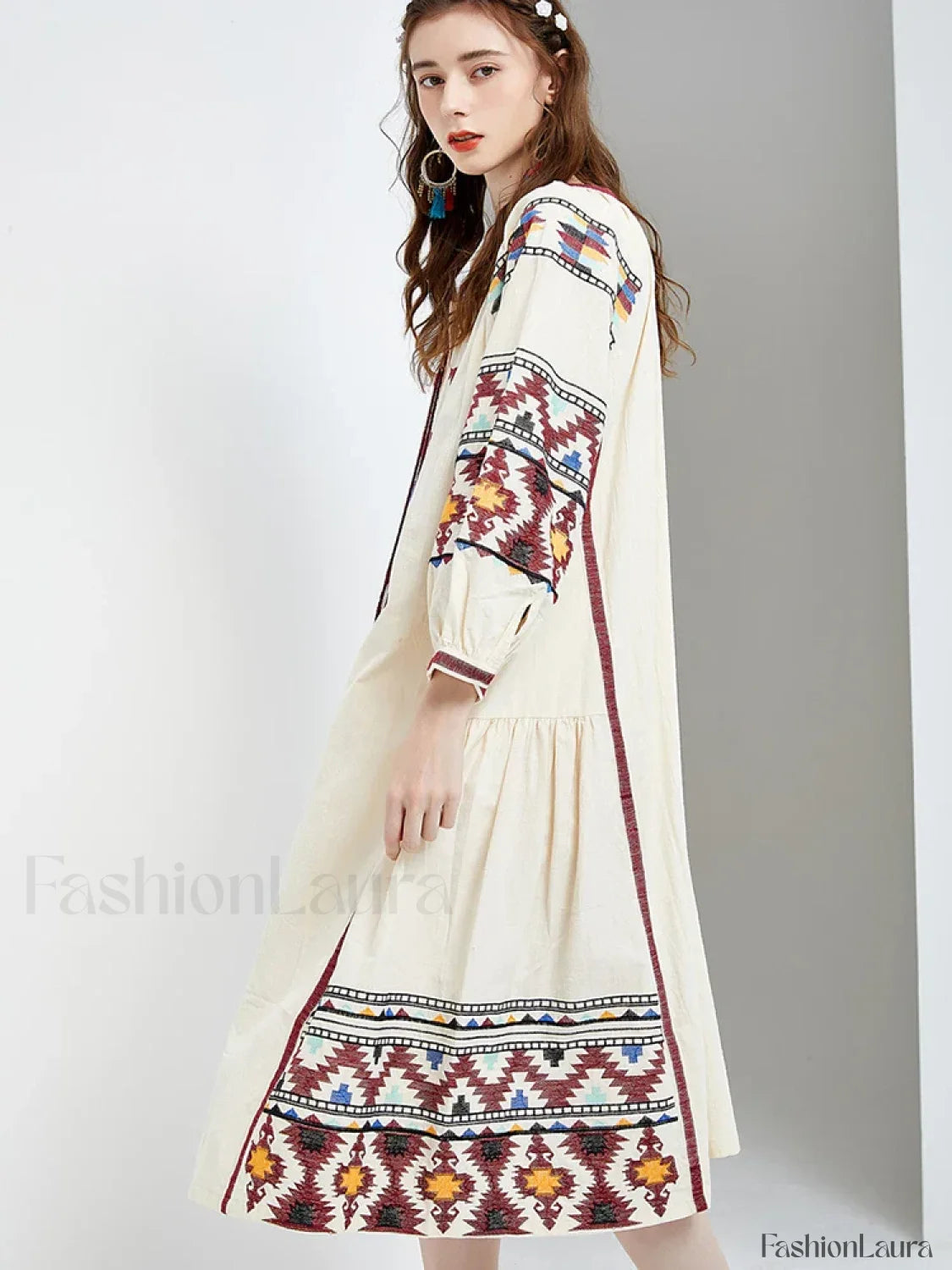 Lantern Sleeve Floral Boho Dress white / One Size