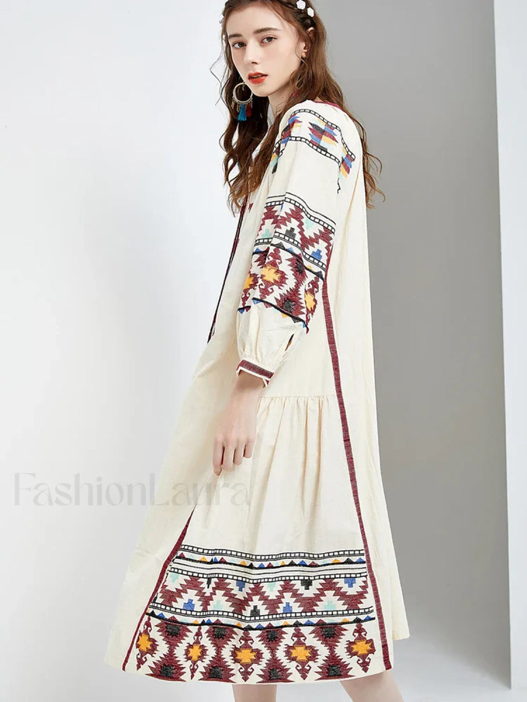 Lantern Sleeve Floral Boho Dress white / One Size