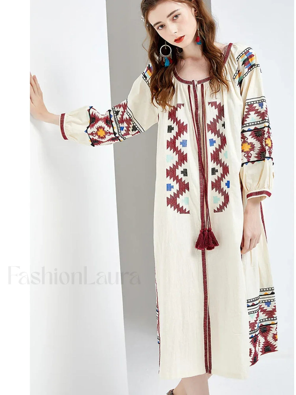 Lantern Sleeve Floral Boho Dress white / One Size