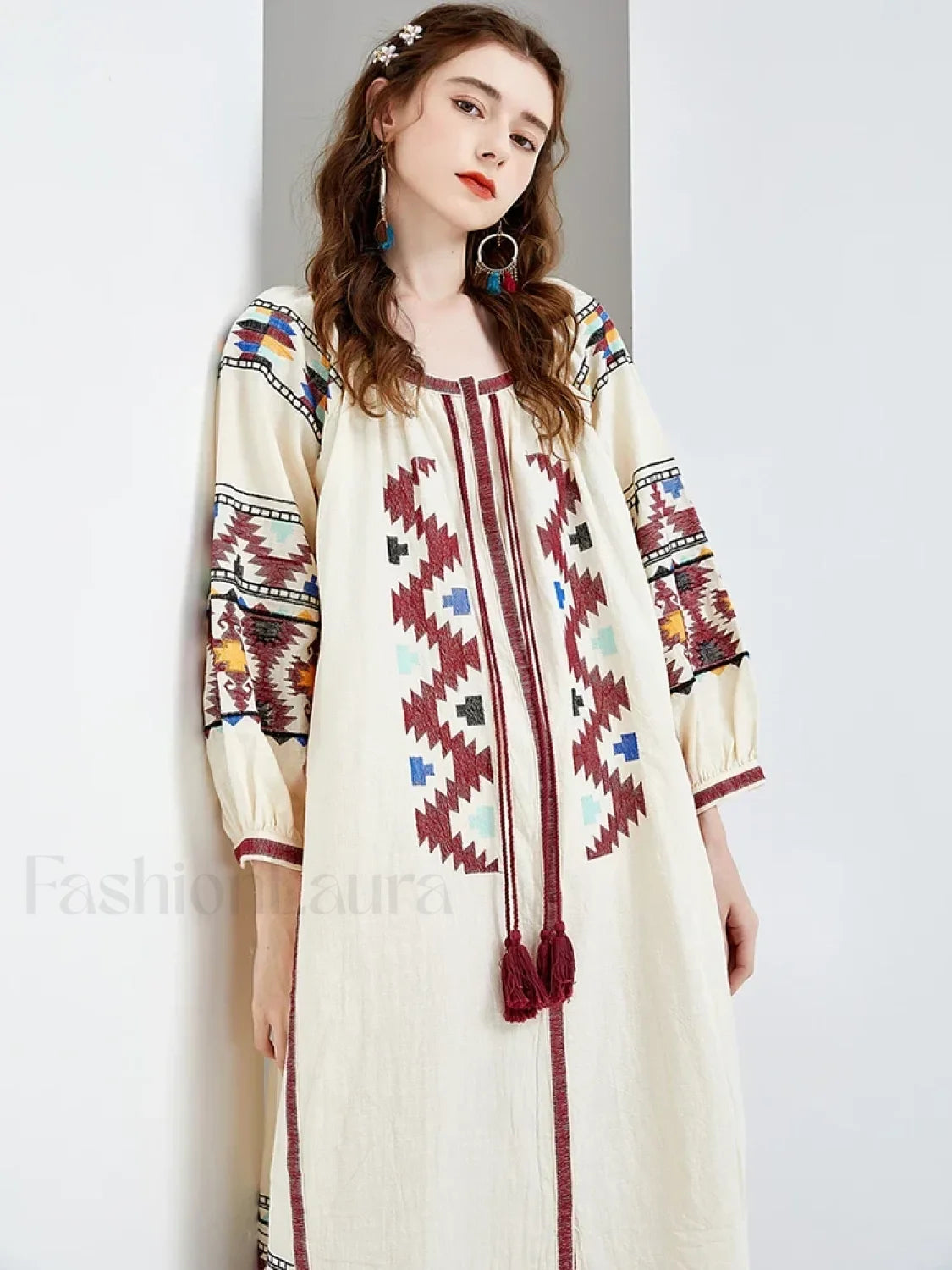 Lantern Sleeve Floral Boho Dress white / One Size Main image