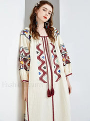 Lantern Sleeve Floral Boho Dress white / One Size