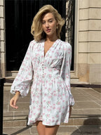 Lantern Sleeve Office Floral Dress Printing / S